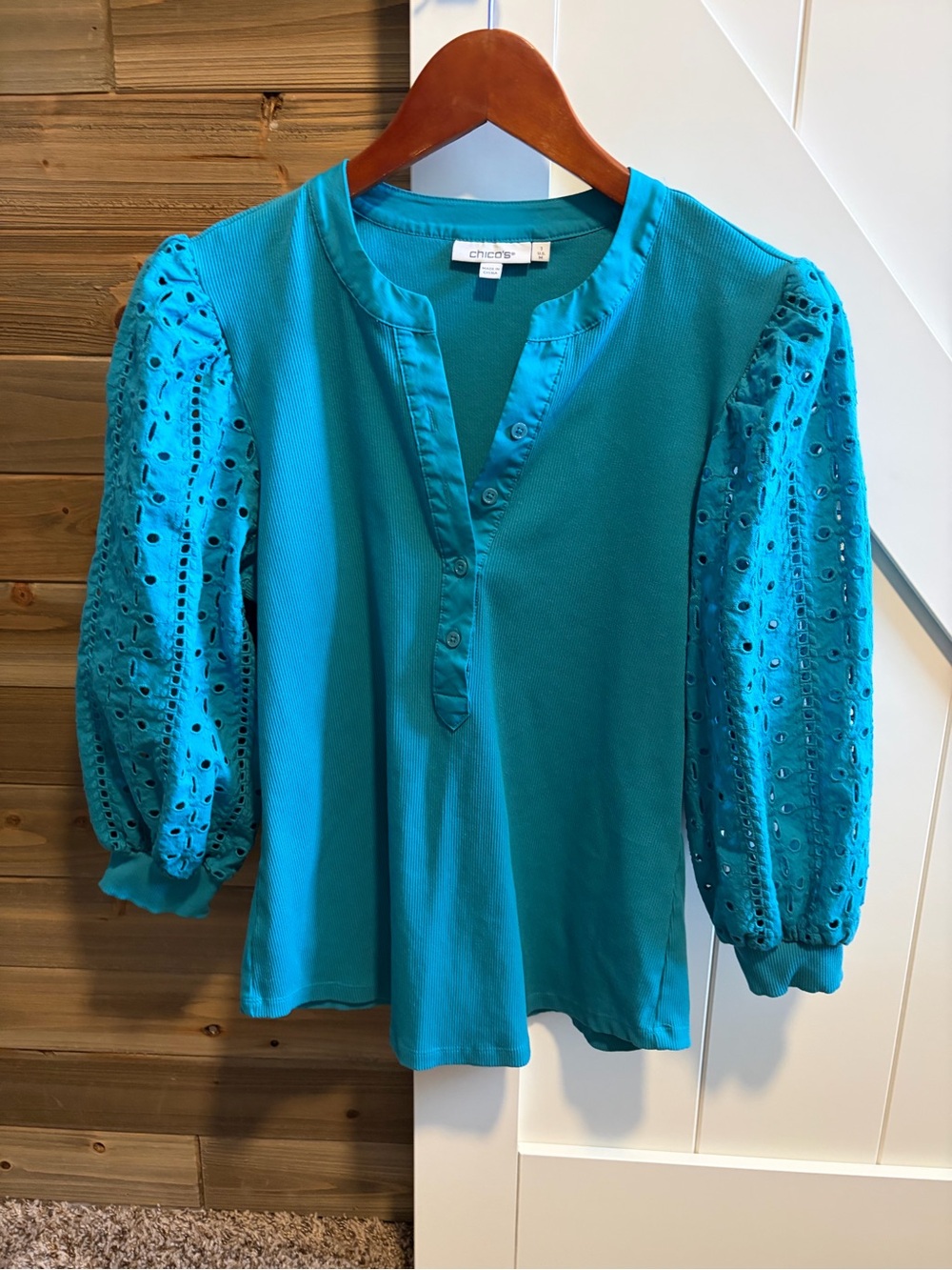 Chico's Teal Eyelet Puff-Sleeve Henley
